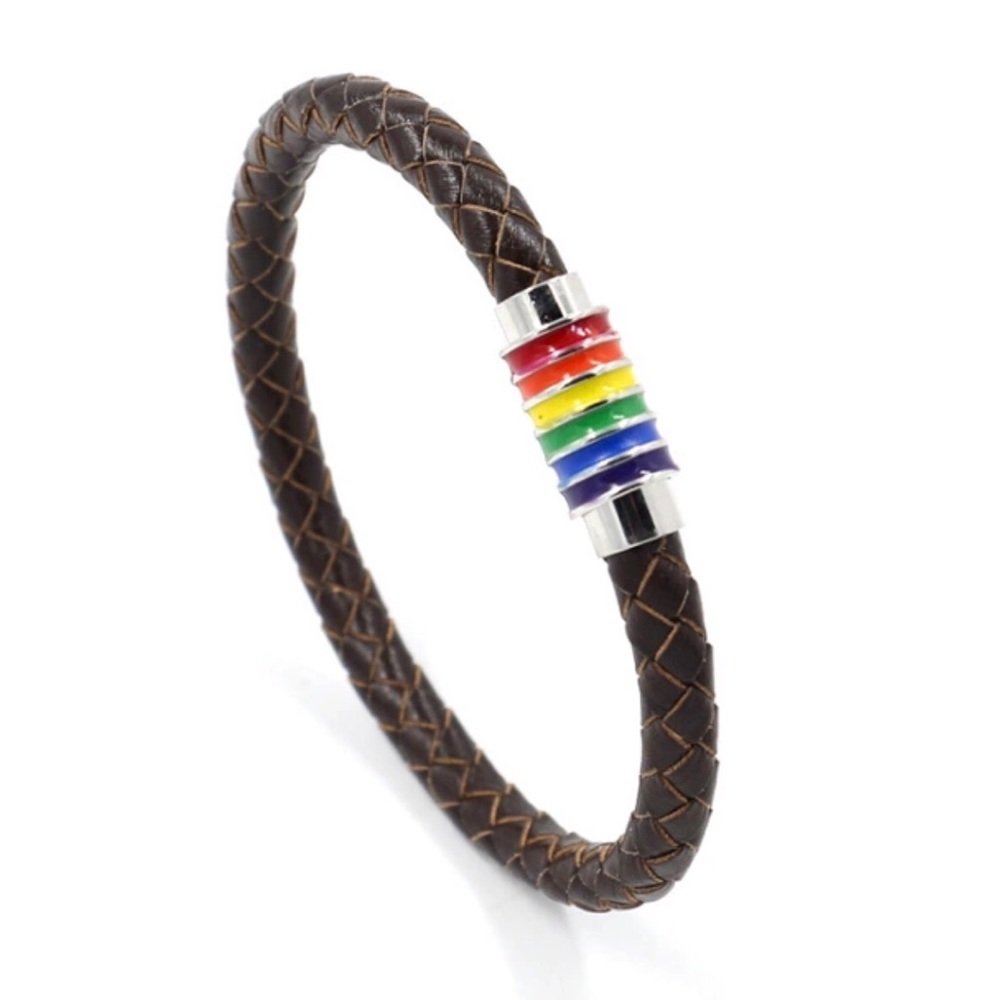 NEW Brown Leather LGBT Rainbow Magnet Bracelet